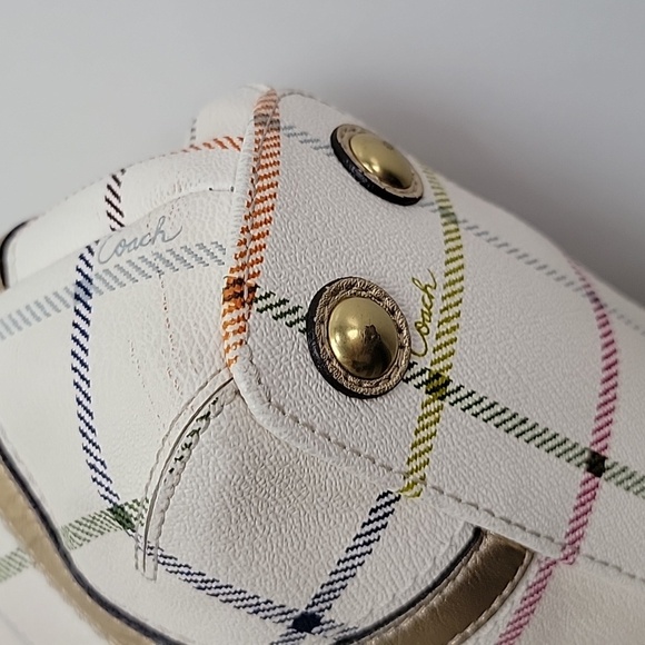 Coach Tattersall Plaid Peyton Pebbled Leather Shoulder Bag Cream Gold Pink Blue - Picture 4 of 16